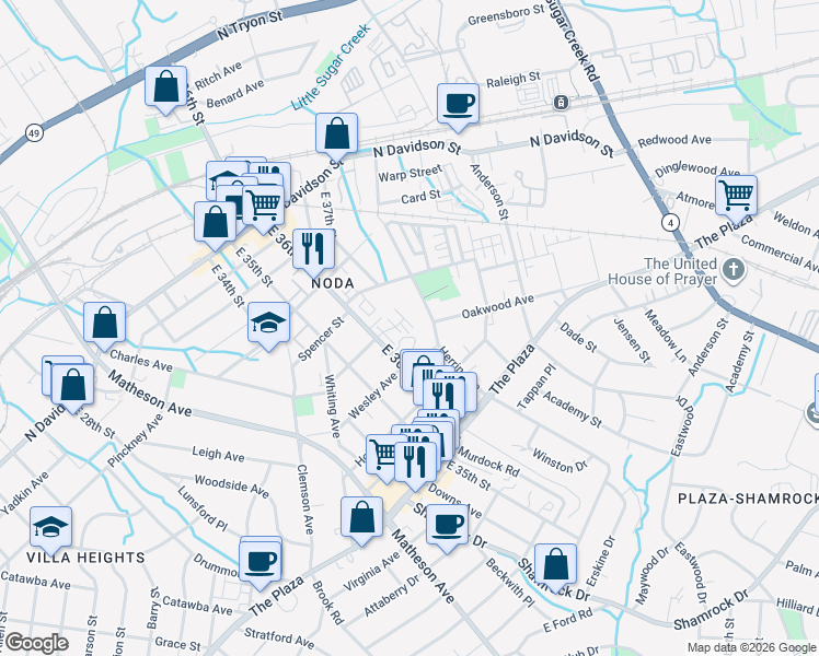 map of restaurants, bars, coffee shops, grocery stores, and more near in Charlotte