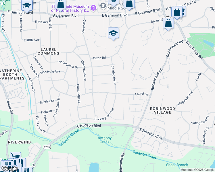 map of restaurants, bars, coffee shops, grocery stores, and more near 1341 Bucknell Avenue in Gastonia