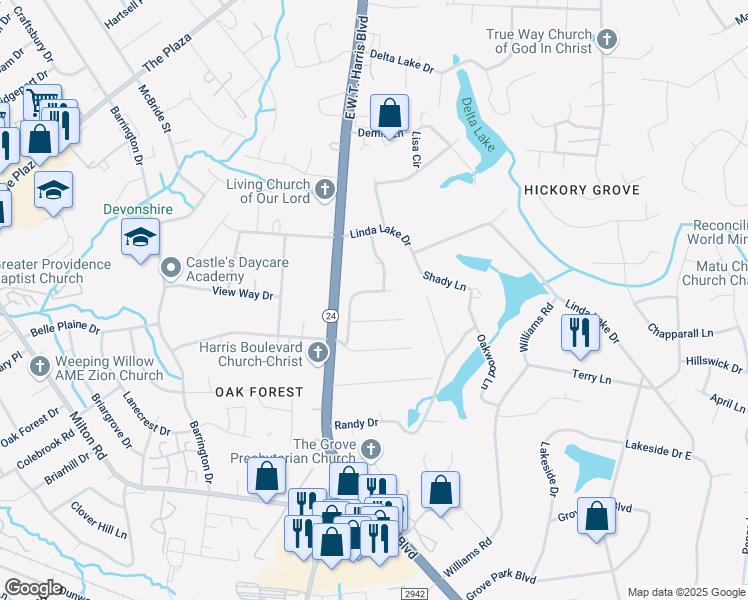 map of restaurants, bars, coffee shops, grocery stores, and more near 7023 Misty Morn Drive in Charlotte