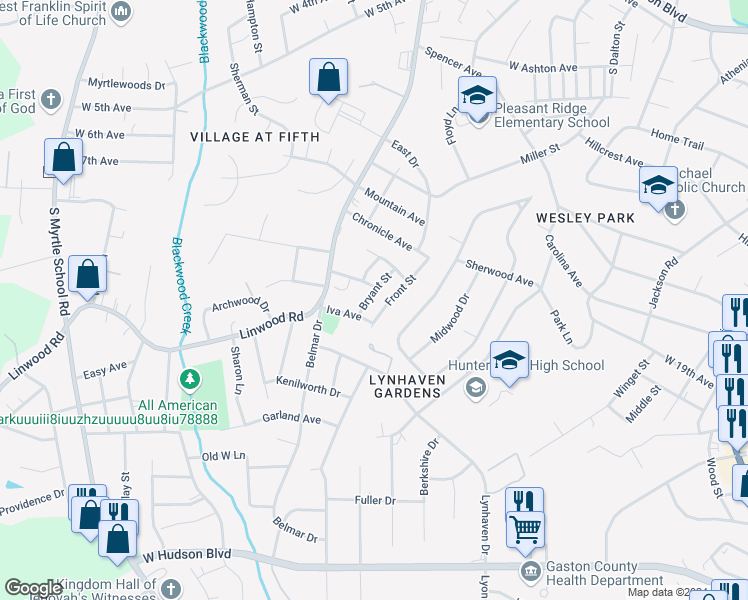 map of restaurants, bars, coffee shops, grocery stores, and more near 1430 Bryant Street in Gastonia