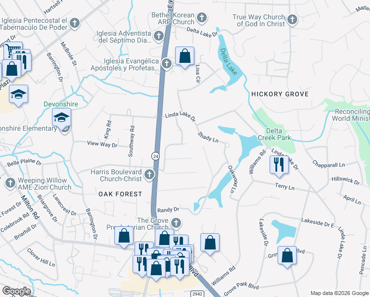 map of restaurants, bars, coffee shops, grocery stores, and more near 7129 Misty Morn Drive in Charlotte