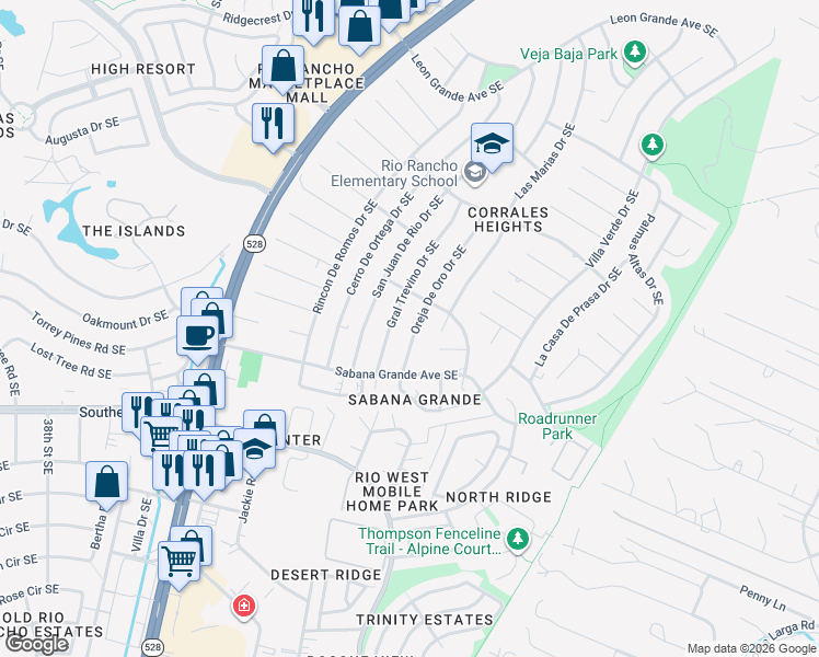 map of restaurants, bars, coffee shops, grocery stores, and more near 807 Oreja De Oro Drive Southeast in Rio Rancho