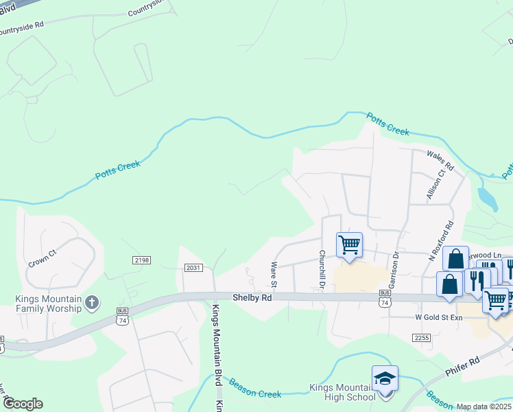 map of restaurants, bars, coffee shops, grocery stores, and more near 602 Brevard Street in Kings Mountain