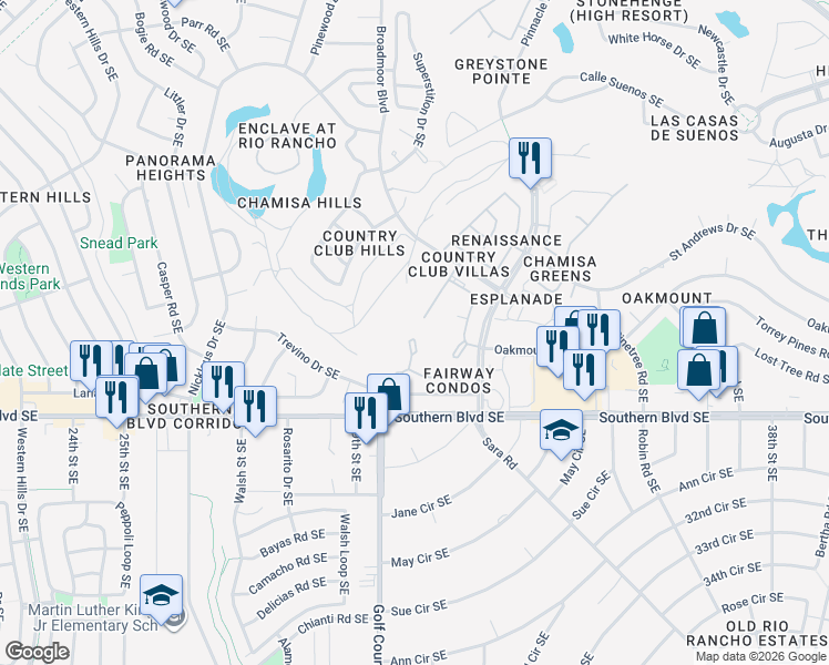 map of restaurants, bars, coffee shops, grocery stores, and more near 923 Country Club Drive Southeast in Rio Rancho