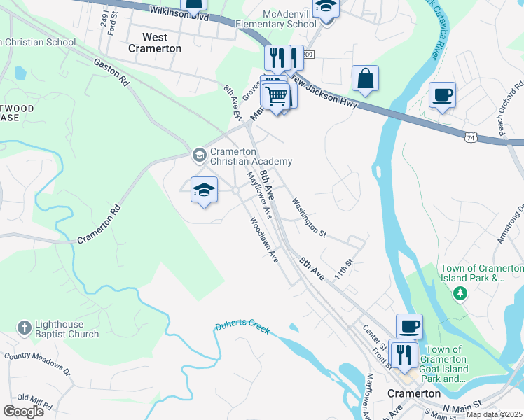 map of restaurants, bars, coffee shops, grocery stores, and more near 325 Mayflower Street in Cramerton