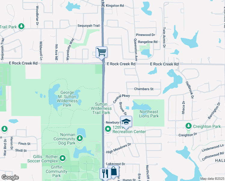 map of restaurants, bars, coffee shops, grocery stores, and more near 1208 Broone Drive in Norman