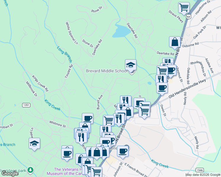 map of restaurants, bars, coffee shops, grocery stores, and more near 230 Burrell Avenue in Brevard