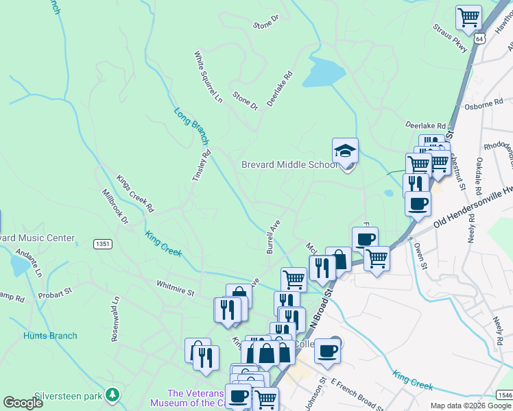 map of restaurants, bars, coffee shops, grocery stores, and more near 830 Tinsley Road in Brevard