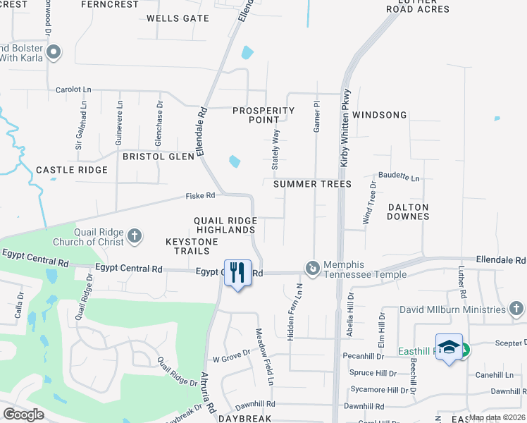 map of restaurants, bars, coffee shops, grocery stores, and more near 6620 Prosperty Way in Memphis