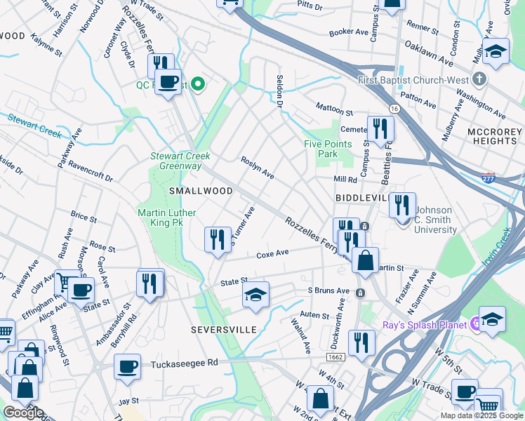 map of restaurants, bars, coffee shops, grocery stores, and more near 2221 Rozzelles Ferry Road in Charlotte