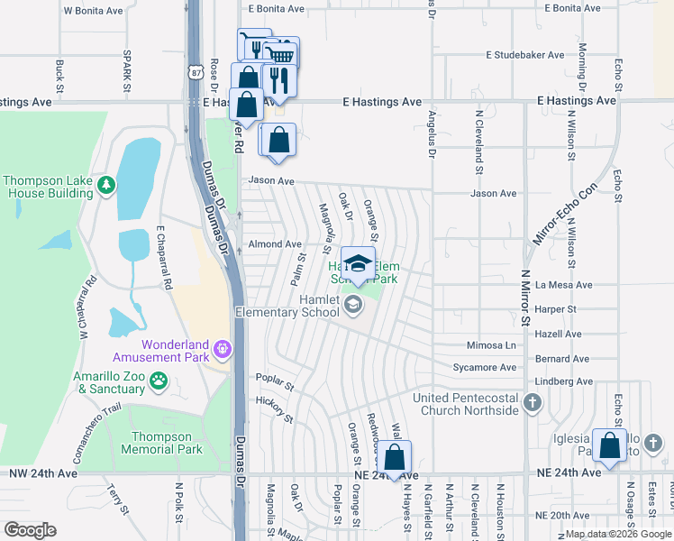 map of restaurants, bars, coffee shops, grocery stores, and more near 2800-3098 Oak Dr in Amarillo