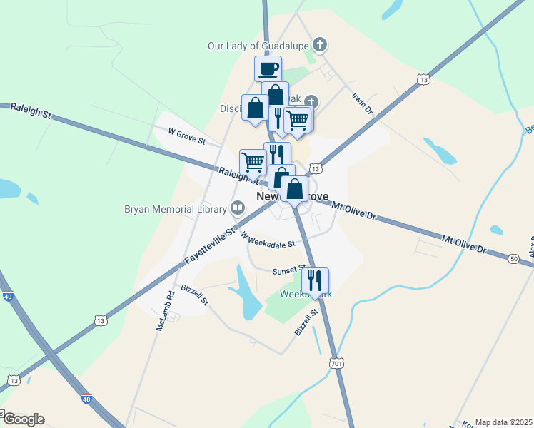 map of restaurants, bars, coffee shops, grocery stores, and more near 208 Fayetteville Street in Newton Grove