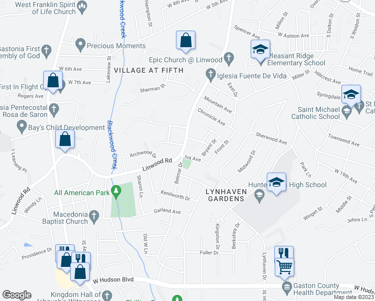 map of restaurants, bars, coffee shops, grocery stores, and more near 1504 Linwood Road in Gastonia