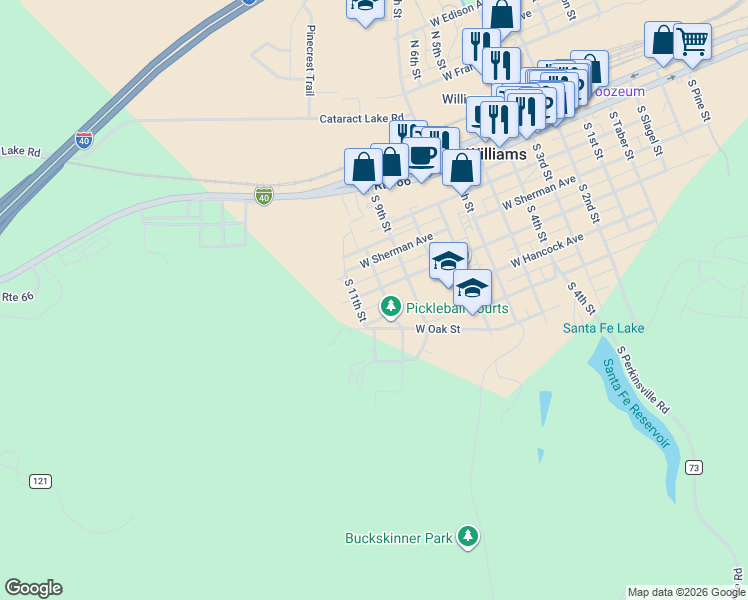 map of restaurants, bars, coffee shops, grocery stores, and more near in Williams