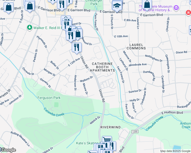 map of restaurants, bars, coffee shops, grocery stores, and more near 1522 Union Road in Gastonia