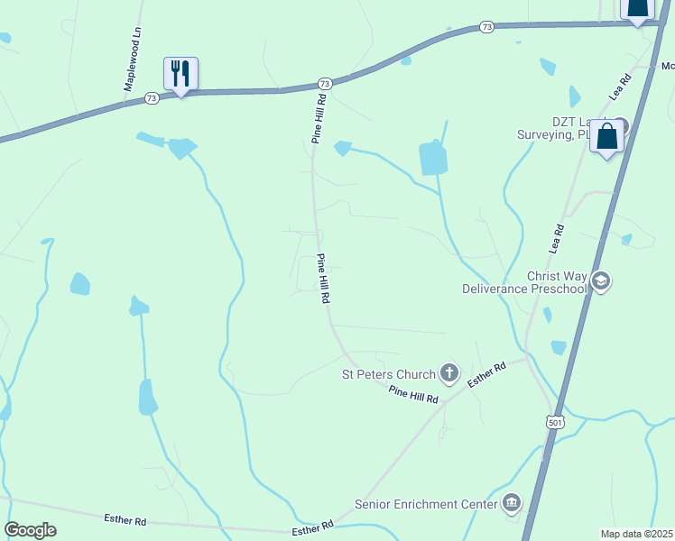 map of restaurants, bars, coffee shops, grocery stores, and more near 367 Pine Hill Road in Moore County