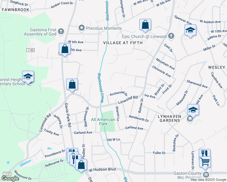 map of restaurants, bars, coffee shops, grocery stores, and more near 1822 Archwood Drive in Gastonia