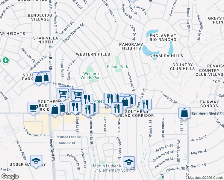 map of restaurants, bars, coffee shops, grocery stores, and more near 771 Stallion Road Southeast in Rio Rancho