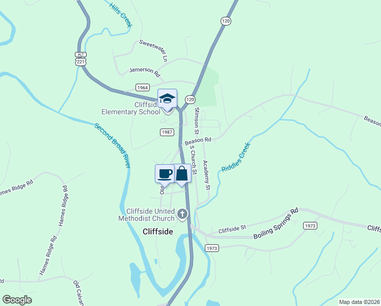 map of restaurants, bars, coffee shops, grocery stores, and more near 128 Church Road in Cliffside