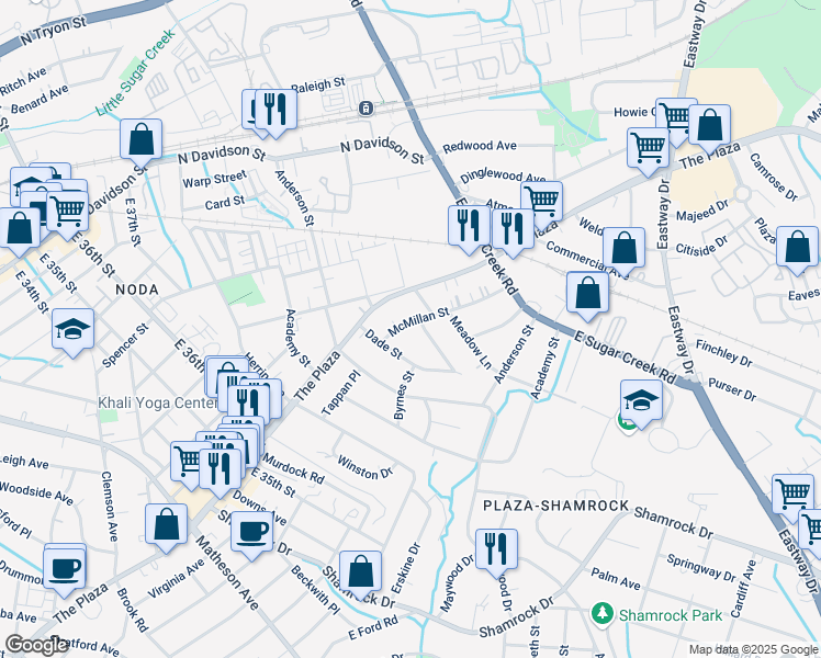 map of restaurants, bars, coffee shops, grocery stores, and more near 3710 McMillan Street in Charlotte