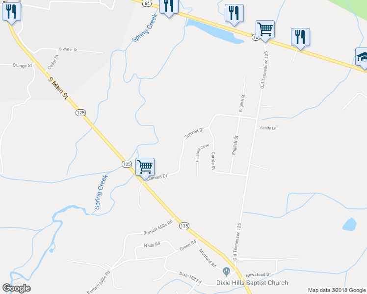 map of restaurants, bars, coffee shops, grocery stores, and more near 305 Summit Drive in Bolivar