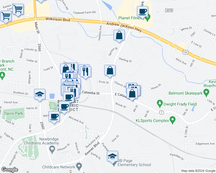 map of restaurants, bars, coffee shops, grocery stores, and more near 105 Park Street in Belmont