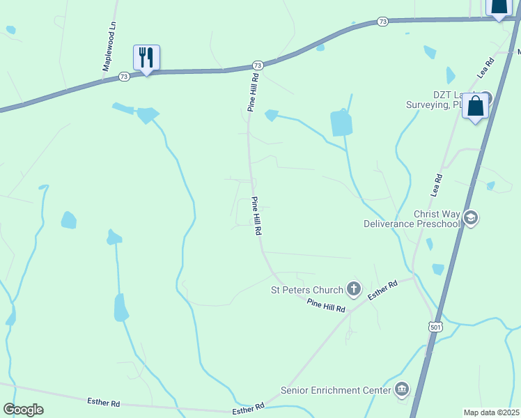 map of restaurants, bars, coffee shops, grocery stores, and more near 367 Pine Hill Road in Moore County