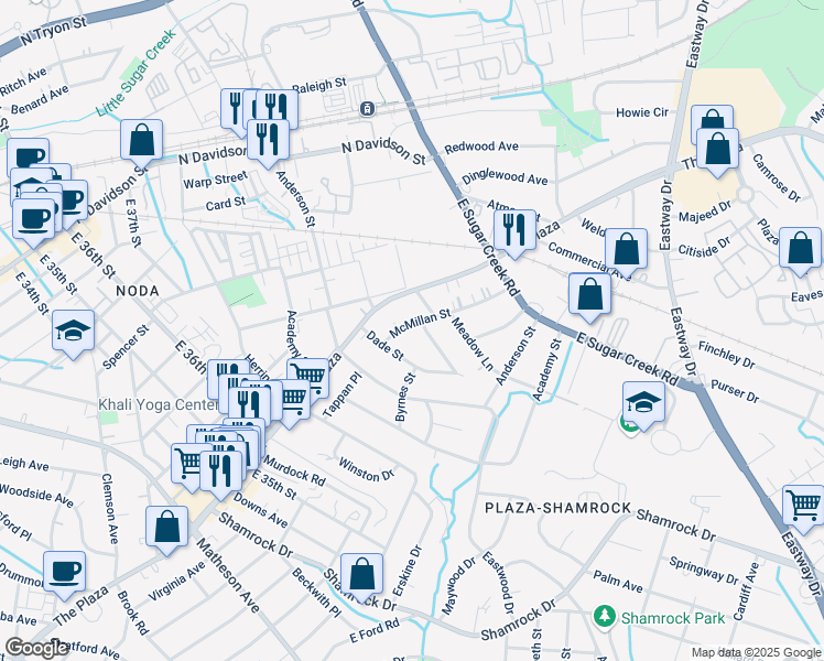 map of restaurants, bars, coffee shops, grocery stores, and more near 3710 McMillan Street in Charlotte