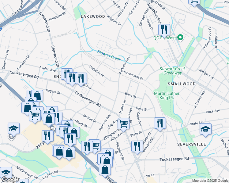 map of restaurants, bars, coffee shops, grocery stores, and more near 3016 Parkway Avenue in Charlotte