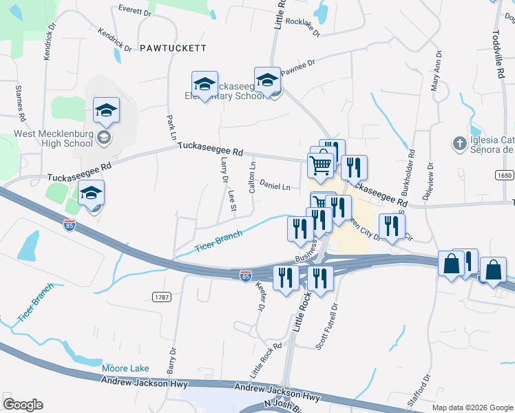 map of restaurants, bars, coffee shops, grocery stores, and more near 6834 Calton Lane in Charlotte