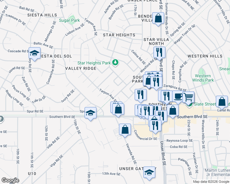 map of restaurants, bars, coffee shops, grocery stores, and more near 835 Tarpon Avenue Southeast in Rio Rancho