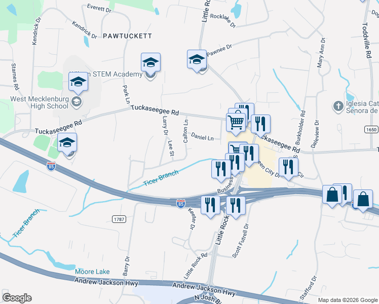 map of restaurants, bars, coffee shops, grocery stores, and more near 6834 Calton Lane in Charlotte