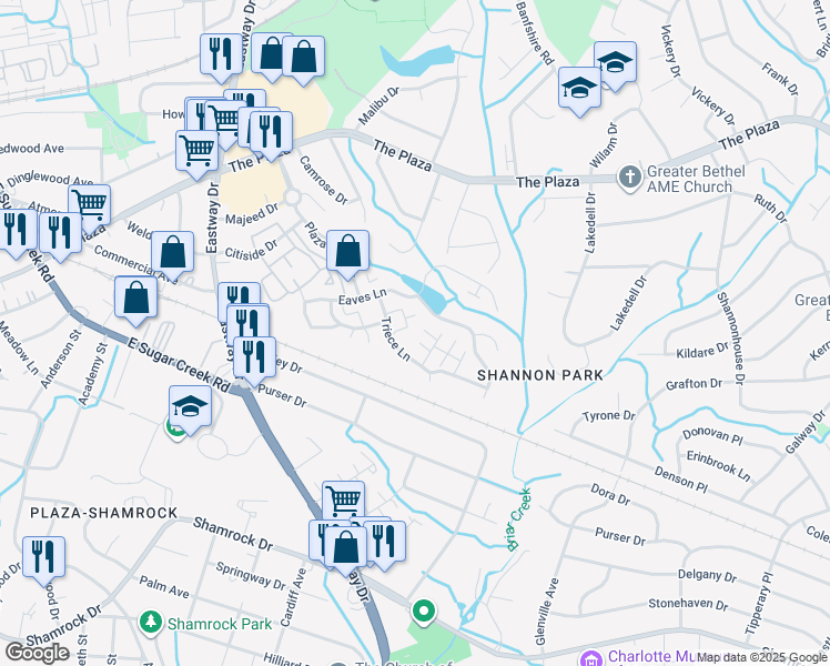 map of restaurants, bars, coffee shops, grocery stores, and more near 1185 Triece Lane in Charlotte