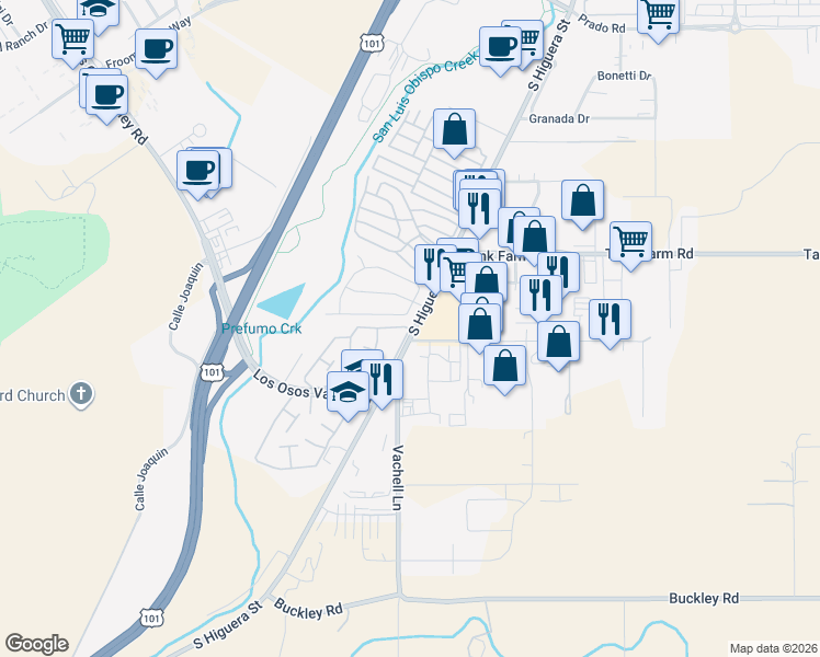 map of restaurants, bars, coffee shops, grocery stores, and more near 3960 South Higuera Street in San Luis Obispo