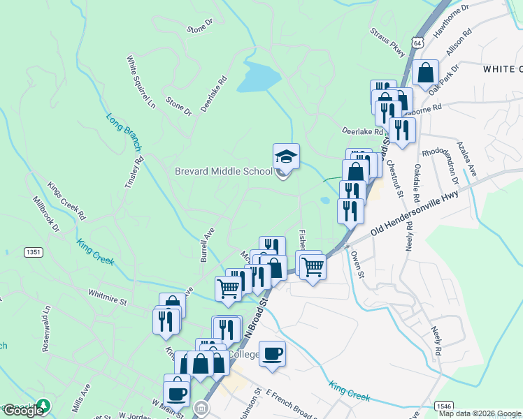 map of restaurants, bars, coffee shops, grocery stores, and more near Moose Lodge Road in Brevard