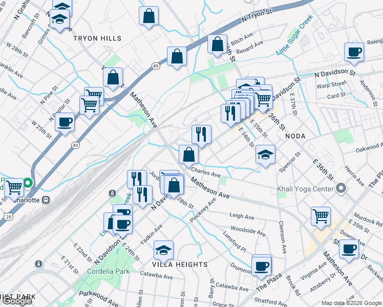 map of restaurants, bars, coffee shops, grocery stores, and more near in Charlotte