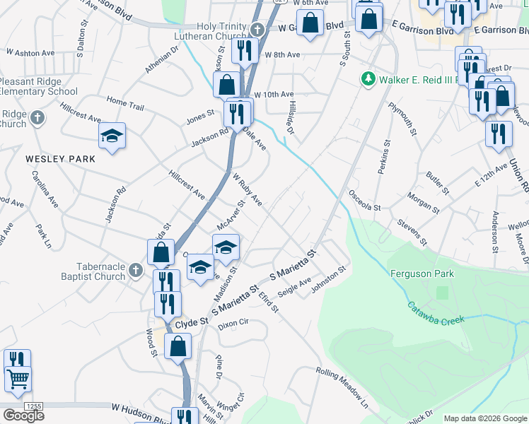 map of restaurants, bars, coffee shops, grocery stores, and more near 302 Hillcrest Avenue in Gastonia