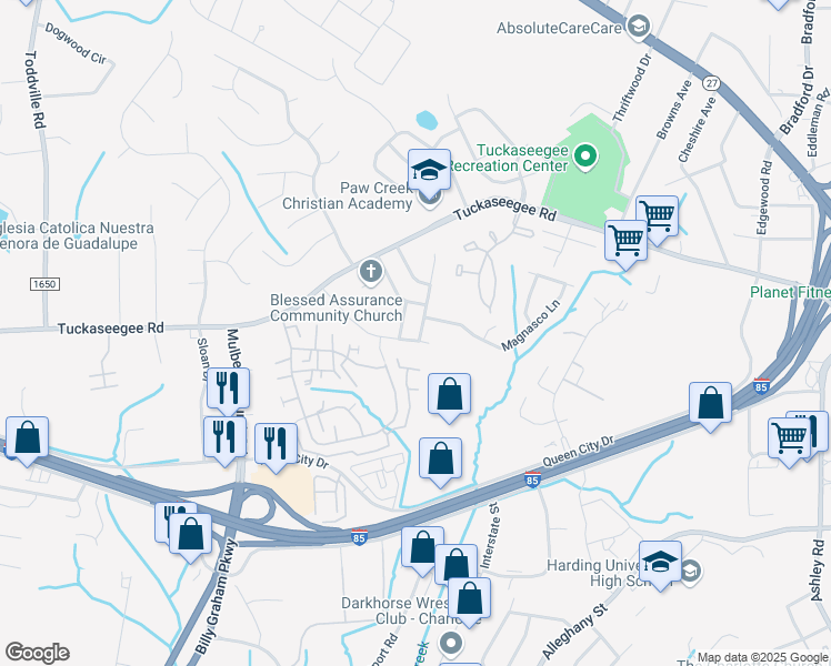 map of restaurants, bars, coffee shops, grocery stores, and more near 2532 Reid Oaks Drive in Charlotte