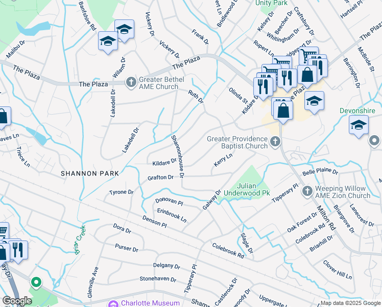 map of restaurants, bars, coffee shops, grocery stores, and more near 5319 Coburg Avenue in Charlotte