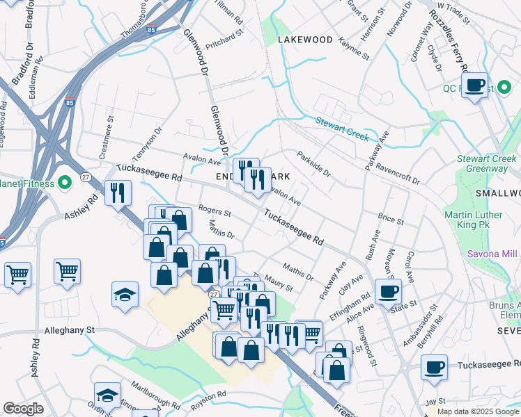 map of restaurants, bars, coffee shops, grocery stores, and more near Tuckaseegee Rd & Karendale Ave in Charlotte