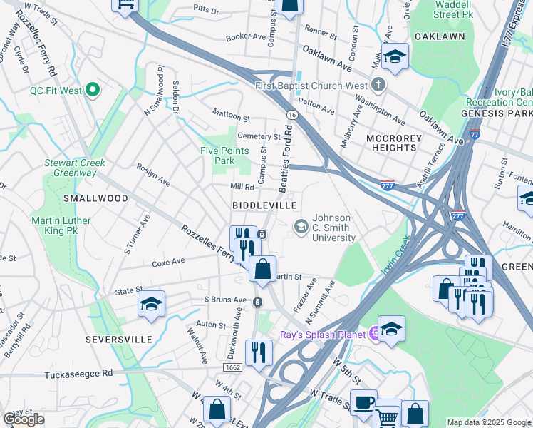 map of restaurants, bars, coffee shops, grocery stores, and more near 100 Beatties Ford Road in Charlotte