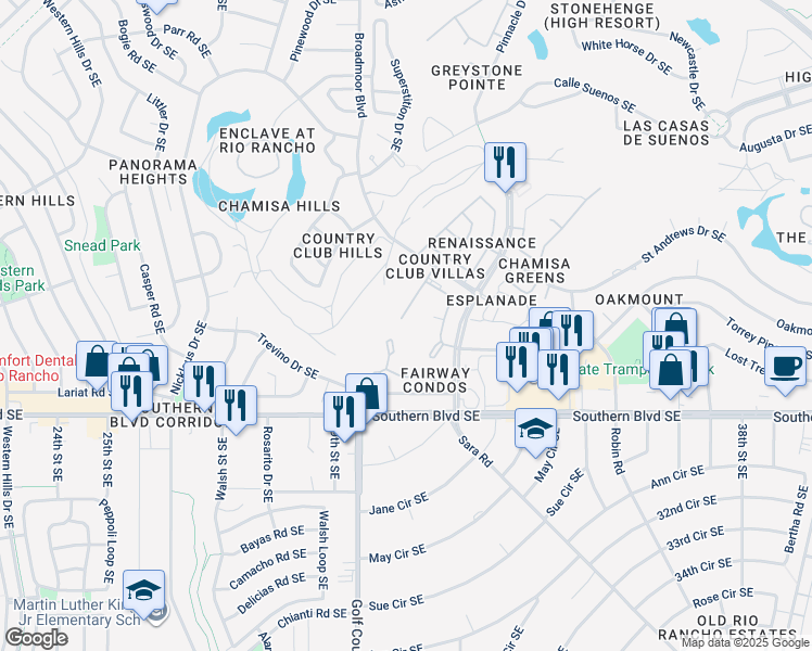map of restaurants, bars, coffee shops, grocery stores, and more near 923 Country Club Drive Southeast in Rio Rancho