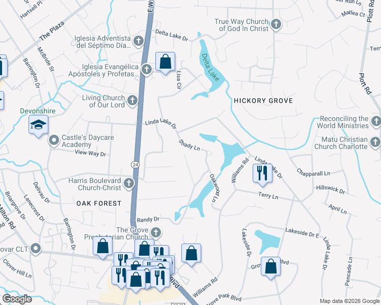 map of restaurants, bars, coffee shops, grocery stores, and more near 6422 Teague Lane in Charlotte