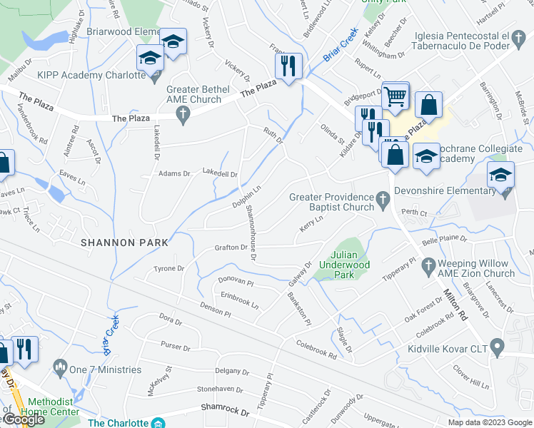 map of restaurants, bars, coffee shops, grocery stores, and more near 5319 Coburg Avenue in Charlotte