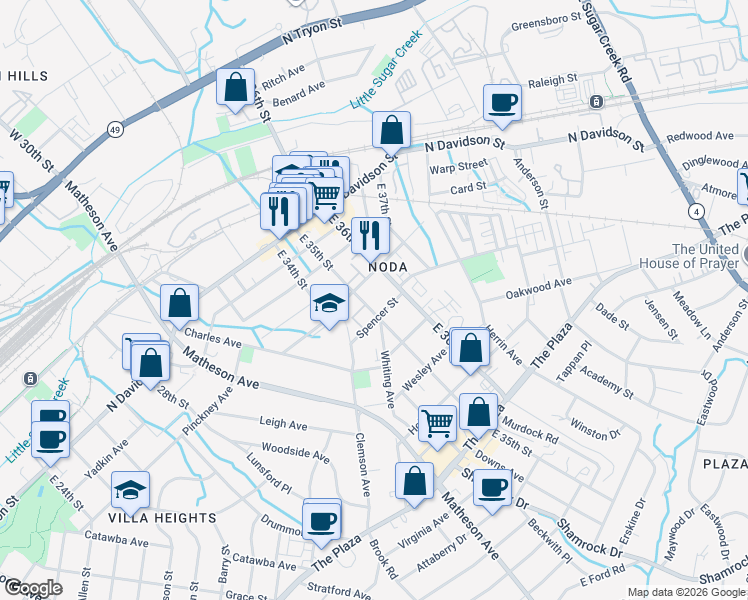 map of restaurants, bars, coffee shops, grocery stores, and more near in Charlotte
