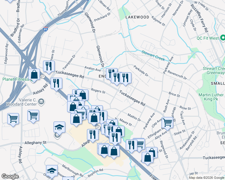 map of restaurants, bars, coffee shops, grocery stores, and more near 3416 Rogers Street in Charlotte