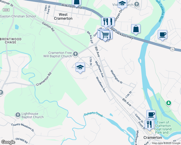 map of restaurants, bars, coffee shops, grocery stores, and more near 397 Woodlawn Avenue in Cramerton