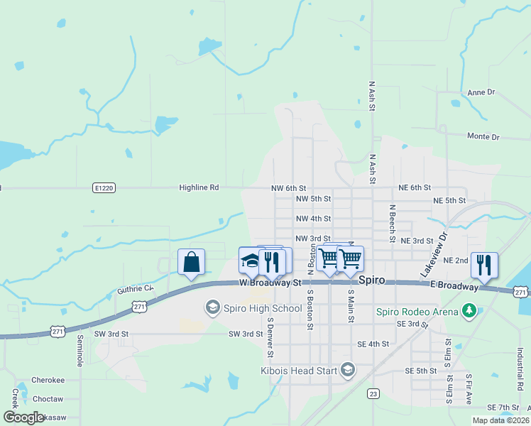 map of restaurants, bars, coffee shops, grocery stores, and more near 317 North Denver Avenue in Spiro