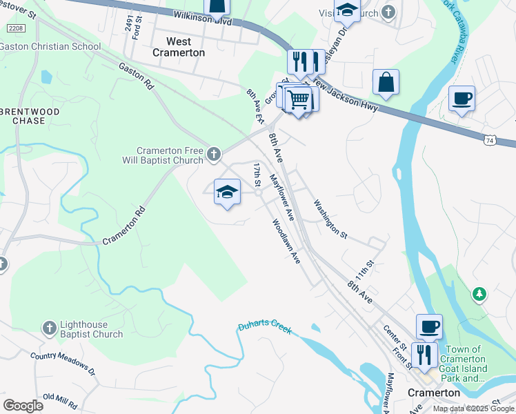 map of restaurants, bars, coffee shops, grocery stores, and more near 405 15th Street in Cramerton