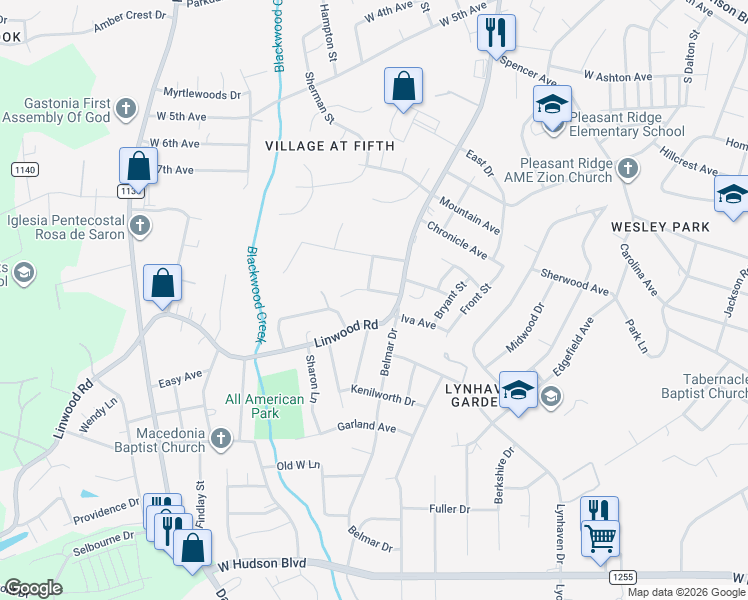 map of restaurants, bars, coffee shops, grocery stores, and more near 1614 Linwood Road in Gastonia